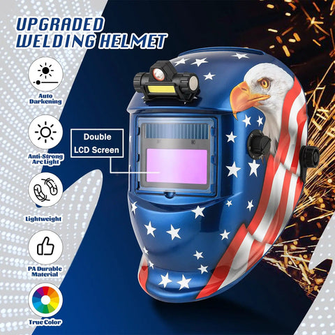 Auto Darkening Welding Helmet With LED Light True Color Solar Powered Welder Hood Adjustable Shade 4/9-13 Blue Eagle II design