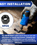 Replacement Collet Nut For Die Grinders One Quarter Inch Fits Milwaukee 2485 20 2486 20 2784 20 5192 5194 5196 And 2723 20 Compact Router Four Pack Beefed Up Durability shown with blue grinder and text 'Easy Installation' on metal surface.