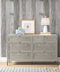 Living room with dresser and lamp against Distressed Wood Peel And Stick Wallpaper Roll 17.71 Inch By 472 Inch Self Adhesive Shiplap Wood Grain.