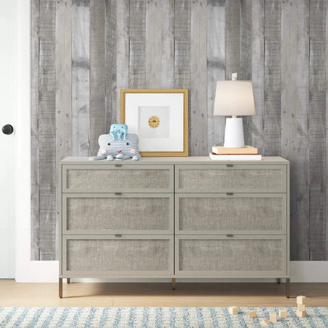 Living room with dresser and lamp against Distressed Wood Peel And Stick Wallpaper Roll 17.71 Inch By 472 Inch Self Adhesive Shiplap Wood Grain.