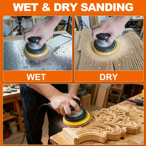 Five Inch Sanding Sponge Discs Set with Hook and Loop Backing in wet and dry use on metal and wood surfaces