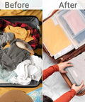 Before and after comparison of clothes in suitcase, organized with Frosted Zipper Bags For Clothes 25 Pack 9.8x7.8 Inch 3 Mil Heavy Duty Plastic Shirt Bags