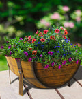 Two Pack Rustic Barrel Planters With Legged Design For Outdoor Garden Backyard Metal Half Barrel Flower Pot Planter Box Brown 15.43 Inch Long Each With Ample Planting Space Durable Anti Rust Coated Iron.