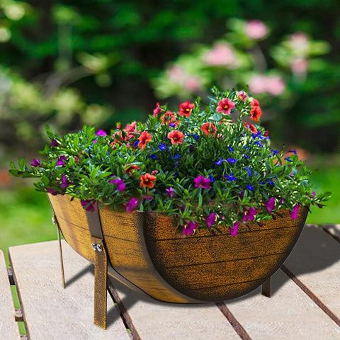 Two Pack Rustic Barrel Planters With Legged Design For Outdoor Garden Backyard Metal Half Barrel Flower Pot Planter Box Brown 15.43 Inch Long Each With Ample Planting Space Durable Anti Rust Coated Iron.