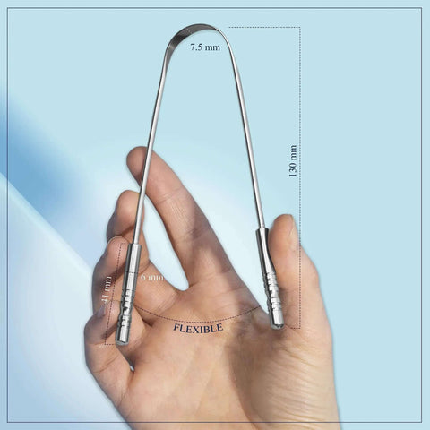 Hand holding Stainless Steel Tongue Scraper For Adults 2 Pack With Multicolor Travel Case, showing flexible and ergonomic design.