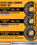 Heavy Duty 30 Pack Angle Grinder Wheel Set For 4-1/2 Inch Grinders Includes 20 Cut Off Wheels 4-1/2 X 1/4 X 7/8 5 Packs Of 80 Grit Flap Discs 4-1/2 X 7/8 And 5 Packs Of Grinding Wheels 4-1/2 X 3/64 X 7/8 For Metal product features.