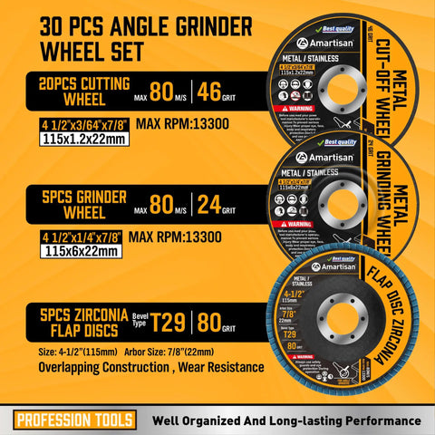 Heavy Duty 30 Pack Angle Grinder Wheel Set For 4-1/2 Inch Grinders Includes 20 Cut Off Wheels 4-1/2 X 1/4 X 7/8 5 Packs Of 80 Grit Flap Discs 4-1/2 X 7/8 And 5 Packs Of Grinding Wheels 4-1/2 X 3/64 X 7/8 For Metal product features.