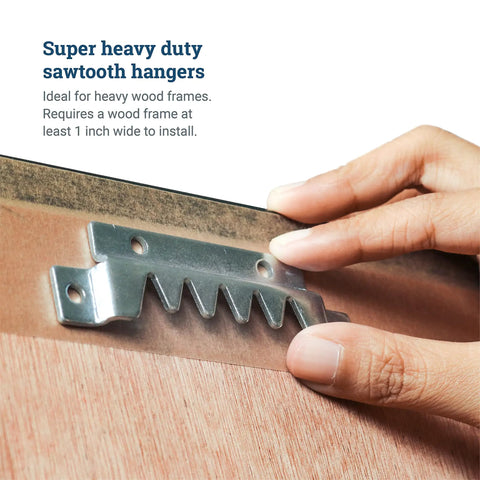 Hand installing Heavy Duty Sawtooth Picture Hangers Big Pack For Wall Mounting Holds Up To 250 Pounds Includes Ten Hangers and Forty Screws.