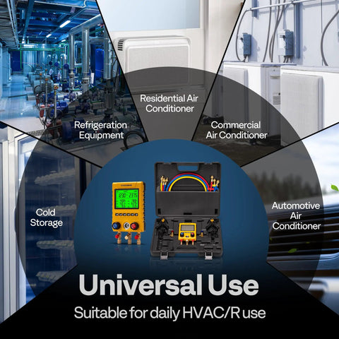 Digital HVAC Manifold Gauge Set With Temperature Probes And Three Hoses For R134a R410a R32 R1234yf R454B, universal use diagram