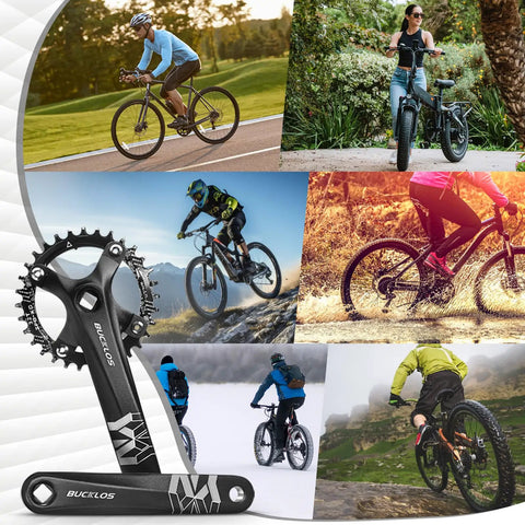 170mm MTB Square Taper Crankset For Single Speed With 104 BCD Chainrings shown on various terrains and bike types