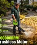 Man using Powerful Cordless Leaf Blower With Brushless Motor, 2x 4.0Ah Batteries And Fast Charger, Lightweight Yet A Beast