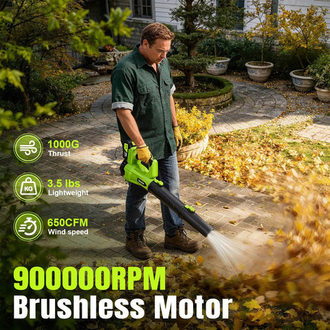 Man using Powerful Cordless Leaf Blower With Brushless Motor, 2x 4.0Ah Batteries And Fast Charger, Lightweight Yet A Beast