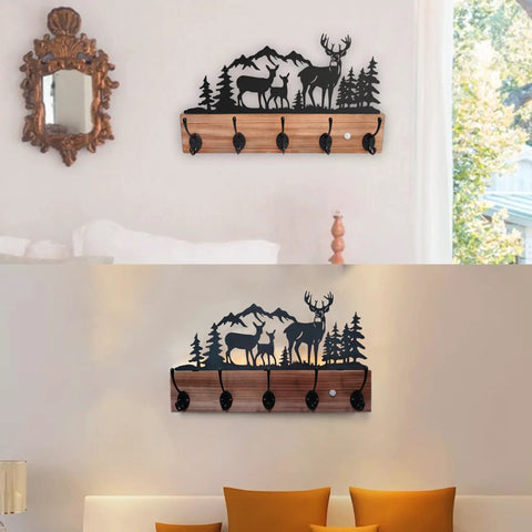 Wooden Deer Coat Rack With Five Hooks And Built-In Motion Sensor Light, Wall Mounted Entryway Organizer for Coats, Keys, Bags