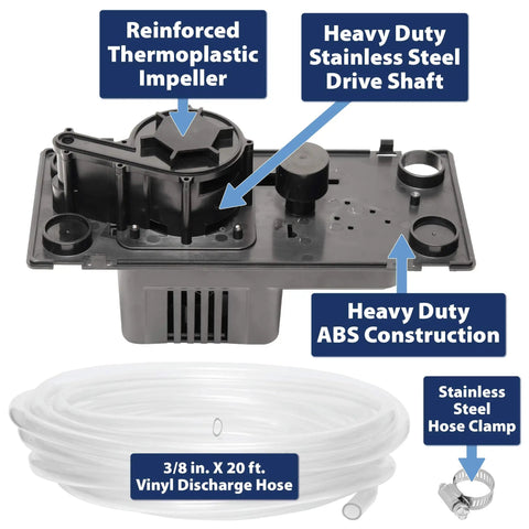 Automatic Condensate Pump With Safety Switch For HVAC And Dehumidifier, highlighting reinforced impeller and included tubing
