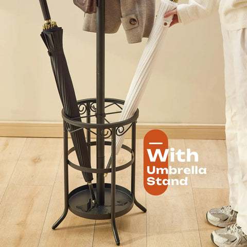 All In One Freestanding Coat Rack Stand With Built In Umbrella Holder And Hat Hanger 12 Hooks Space Saving Metal Organizer For Hallway Or Mudroom Heavy Duty Entryway Rack featuring black metal umbrella holder