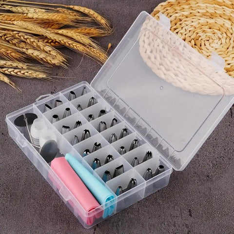 All In One Cake Decorating Kit 38 Piece Set With 32 Piping Tips Quick Change Couplers Reusable Silicone Bags And Nails Beginner Friendly Guide for cakes and pastries