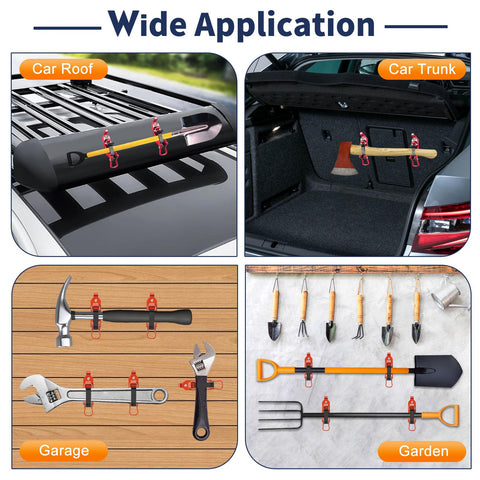 Heavy Duty Roof Rack Shovel Mount Kit with metal rubber clamps on car roof, trunk, garage, and garden tool display