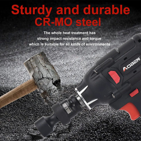 Impact hammer and socket made from CR-MO steel next to a damaged sledgehammer, highlighting durability and strength.