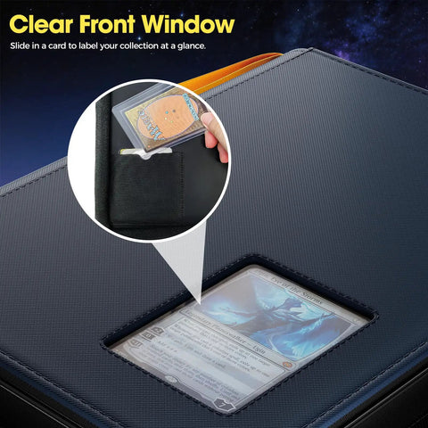 4 Pocket Top Loader Binder For 144 Cards In 3x4 Toploaders, featuring a clear front window and navy finish.
