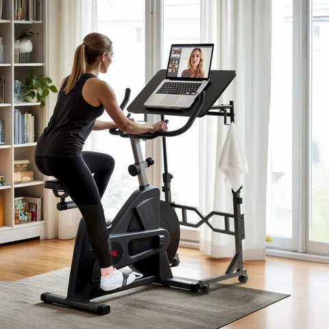 Woman using exercise bike with standing desk on wheels for treadmills with adjustable height 29.5 to 45.3 inches, laptop on surface.