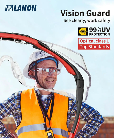 Man wearing Over Eyeglasses Safety Glasses With ANSI Z87 1 Lenses, UV protection, helmet and vest, clear vision outdoors