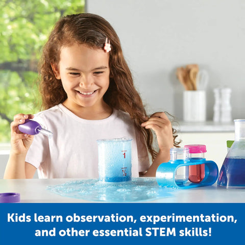 Child playing with Pink Primary Science Lab Set For Kid Friendly Hands On STEM Kit With Flasks Test Tubes And Droppers
