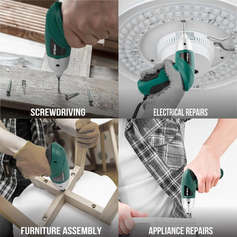 Straight Up 3.6V USB Rechargeable Electric Screwdriver Cordless Automatic Driver Lightweight DIY Workhorse Built For No Sweat Home Repairs And Quick Furniture Assembly In Green used in electrical repairs and furniture assembly.