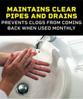 Clorox Liquid-Plumr Pro-Strength Clog Destroyer clear bottle beside sink; hands under running water.