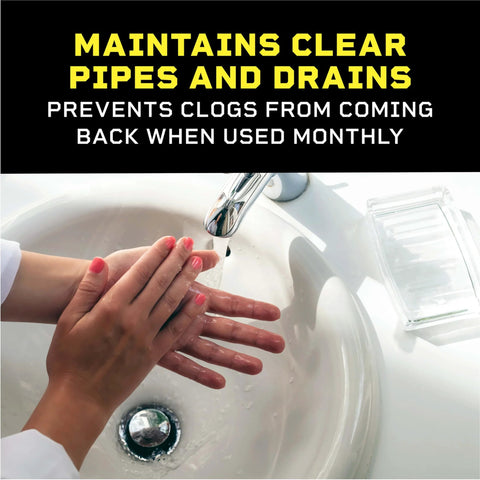 Clorox Liquid-Plumr Pro-Strength Clog Destroyer clear bottle beside sink; hands under running water.