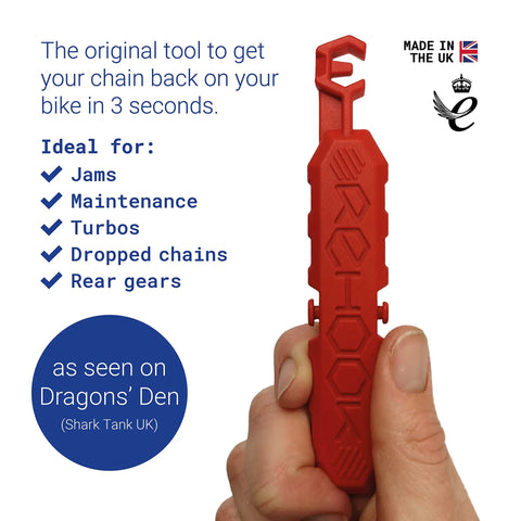 Red bike chain tool held in hand, "Get Your Chain Back On Your Bike In Three Seconds Without The Mess Quick Fix For Bike Maintenance On"