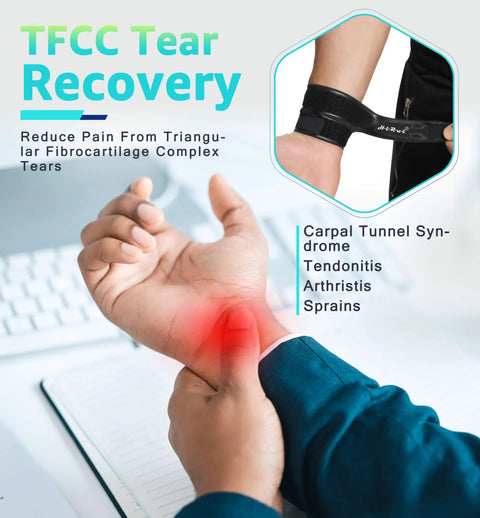 Person using Wrist Support Wrap For TFCC Tears And Carpal Tunnel Relief Ultra Thin Adjustable Compression Strap on inflamed wrist.