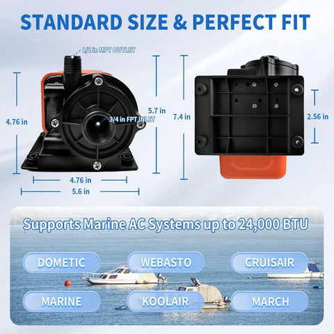 Heavy Duty Marine AC Water Pump 500 GPH 115V Magnetic Drive Circulation System dimensions and compatibility details.