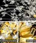 Modern Dandelion Firework Crystal Chandelier Gold Pendant Lighting Fixture For Dining Room Bedroom Entryway Foyer 9 Light Dimmable