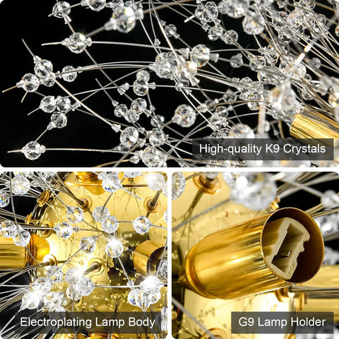 Modern Dandelion Firework Crystal Chandelier Gold Pendant Lighting Fixture For Dining Room Bedroom Entryway Foyer 9 Light Dimmable