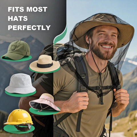 Smiling man wearing 2 Pack Premium Mosquito Head Nets With Drawstring breathable mesh fits over various hats outdoors