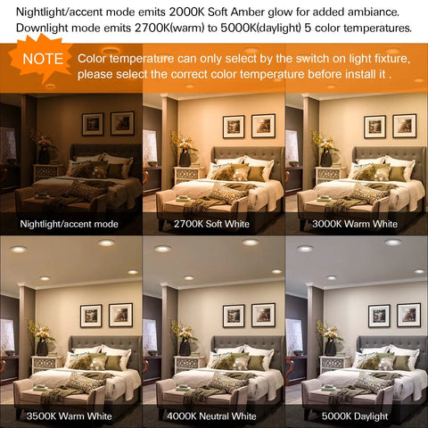 Color temperature settings of 6 Pack 4 Inch LED Recessed Lights With Night Light, 5CCT Dimmable Can-Killer Downlights in various rooms.