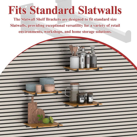12 Inch Black Slatwall Shelf Brackets Set Of 18 displayed with items on shelves against a slatwall in a retail setting