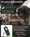 Industrial-Grade Coating Thickness Gauge With External Probe For Marine And Steelwork, Measures 0-197 mil (0-5000 microns) Fe And 0-120 mil (0-3000 microns) NFe, 0.001 mil Resolution, Factory, Zero, And Multi-Point Calibration, PC Connectivity, with remote sensor