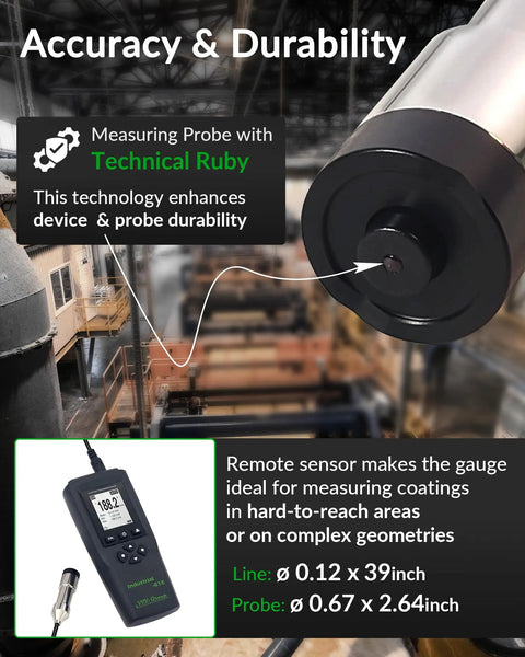 Industrial-Grade Coating Thickness Gauge With External Probe For Marine And Steelwork, Measures 0-197 mil (0-5000 microns) Fe And 0-120 mil (0-3000 microns) NFe, 0.001 mil Resolution, Factory, Zero, And Multi-Point Calibration, PC Connectivity, with remote sensor
