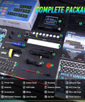 Complete package of Eight Gang Slim Wireless Switch Panel with components for cars, RVs, and UTVs displayed on black surface.