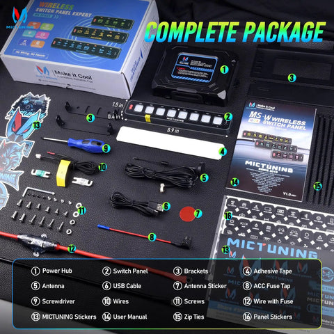 Complete package of Eight Gang Slim Wireless Switch Panel with components for cars, RVs, and UTVs displayed on black surface.