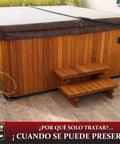 Heavy Hitter Oil Based Wood Preservative And Exterior Stain In Warm Pecan Hue protects a wooden hot tub with steps outdoors.