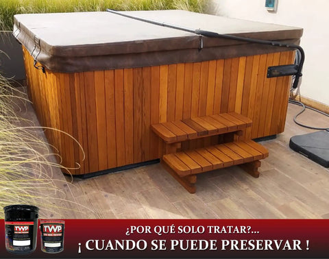 Heavy Hitter Oil Based Wood Preservative And Exterior Stain In Warm Pecan Hue protects a wooden hot tub with steps outdoors.