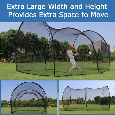 20 Ft Freestanding Batting Cage Backyard Baseball And Softball Practice with player hitting in large portable cage