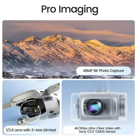 Close-up of 4K Drone With Camera, Dope 3 Axis Gimbal showing Sony lens and 8K photo capture feature.