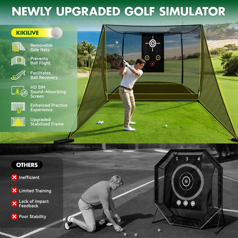 Image of Golf Practice Net With HD Impact Screen And Auto Ball Return, Steel Frame, Side Nets for backyard use, 10x8 ft size.