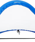 Front view of a 2.5-foot blue soccer goal for kids, part of the Two Pack Portable Two Point Five Foot Blue Soccer Goals For Kids With Quick Pop Up Setup Ground Stakes And Carrying Bag Backyard Training Equipment Outdoor Family Soccer Net Kit