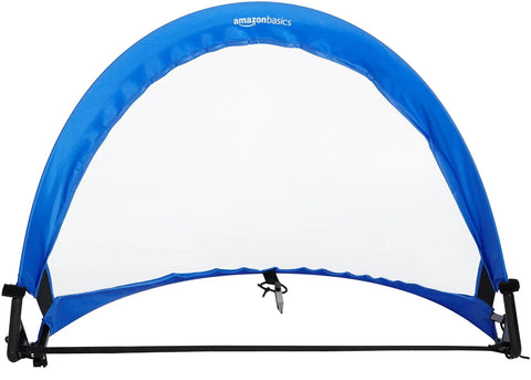 Front view of a 2.5-foot blue soccer goal for kids, part of the Two Pack Portable Two Point Five Foot Blue Soccer Goals For Kids With Quick Pop Up Setup Ground Stakes And Carrying Bag Backyard Training Equipment Outdoor Family Soccer Net Kit