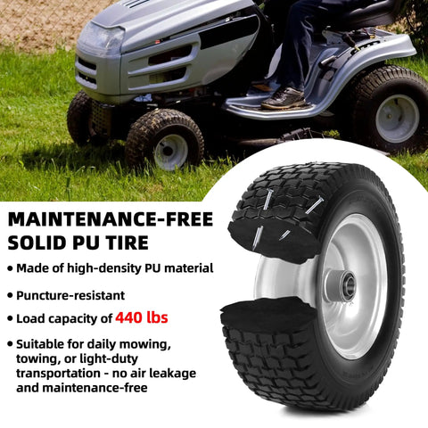 Two Pack 13x5.00-6 Flat Free Tire And Wheel Assembly For Front Mower Wheel With A Three Inch Centered Hub And Three Quarter Inch Bearing Compatible With Riding Mowers And Garden Tractors Replacement Front Wheel, solid PU tire