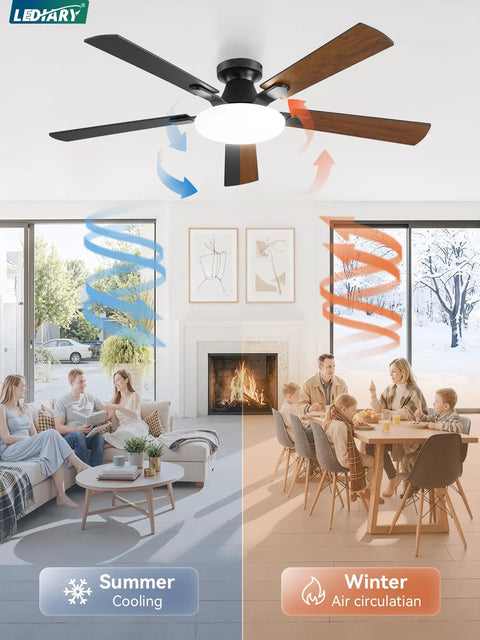 52 Inch Ceiling Fan With Lights And Remote 30W LED Panel Flush Mount Modern Low Profile Ceiling Fan in living room and dining area